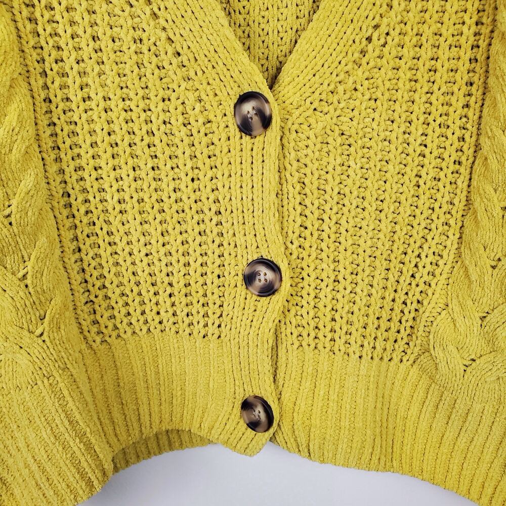 PINK ROSE | Cropped Chunky Knit | Yellow | Cardigan Sweater | Medium - Picture 4 of 8